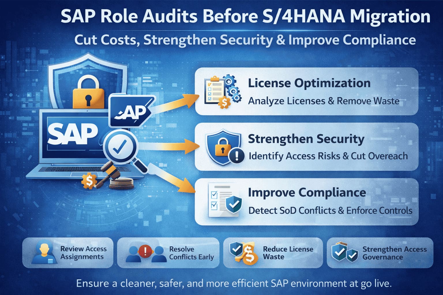SAP role audit for S/4HANA migration covering licence optimisation, security review and compliance control